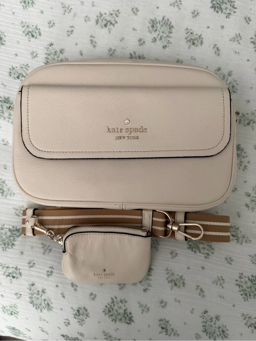 kate spade Blush Cream Leather Crossbody with Striped Strap and Coin Pouch